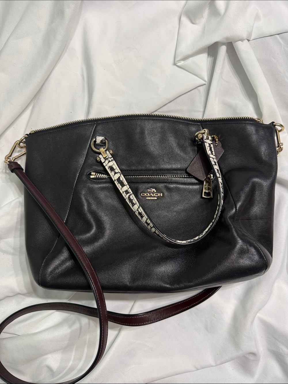 Coach Black Leather Shoulder Bag with Burgundy Strap